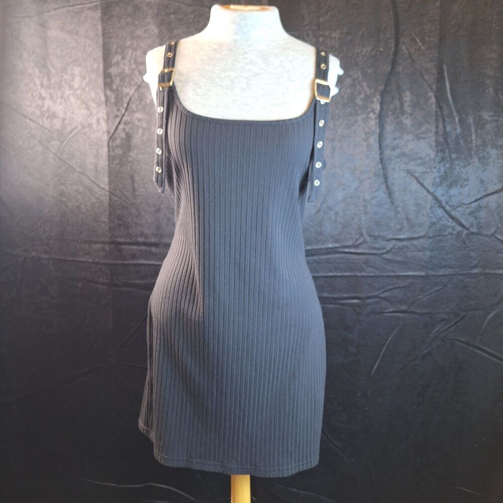 M Say What Ribbed Bodycon Buckle Strap Goth Dark Emo Witchy Y2K Midi Dress